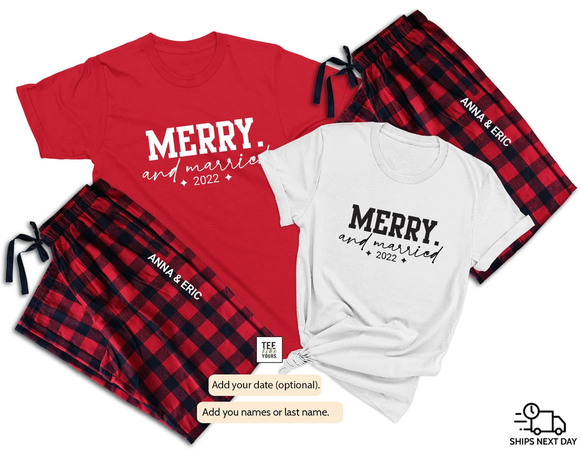 Merry & Married Couple Christmas Pajamas | Personalized Couple Matching  Pajamas | Holiday Pajamas for Husband, Wife| Newlywed Christmas Gift