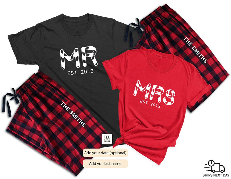 Personalized Mr and Mrs Pajama Pants, Custom Green and Black Flannel Pjs,  Custom Mr. and Mrs. Matching Flannel Pajamas, Mr & Mrs Christmas 