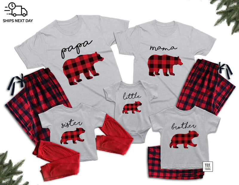 Papa Bear Pajamas, Mama Bear Pajamas, baby Christmas pajamas - matching  family Christmas pajamas set with Buffalo Plaid Pants